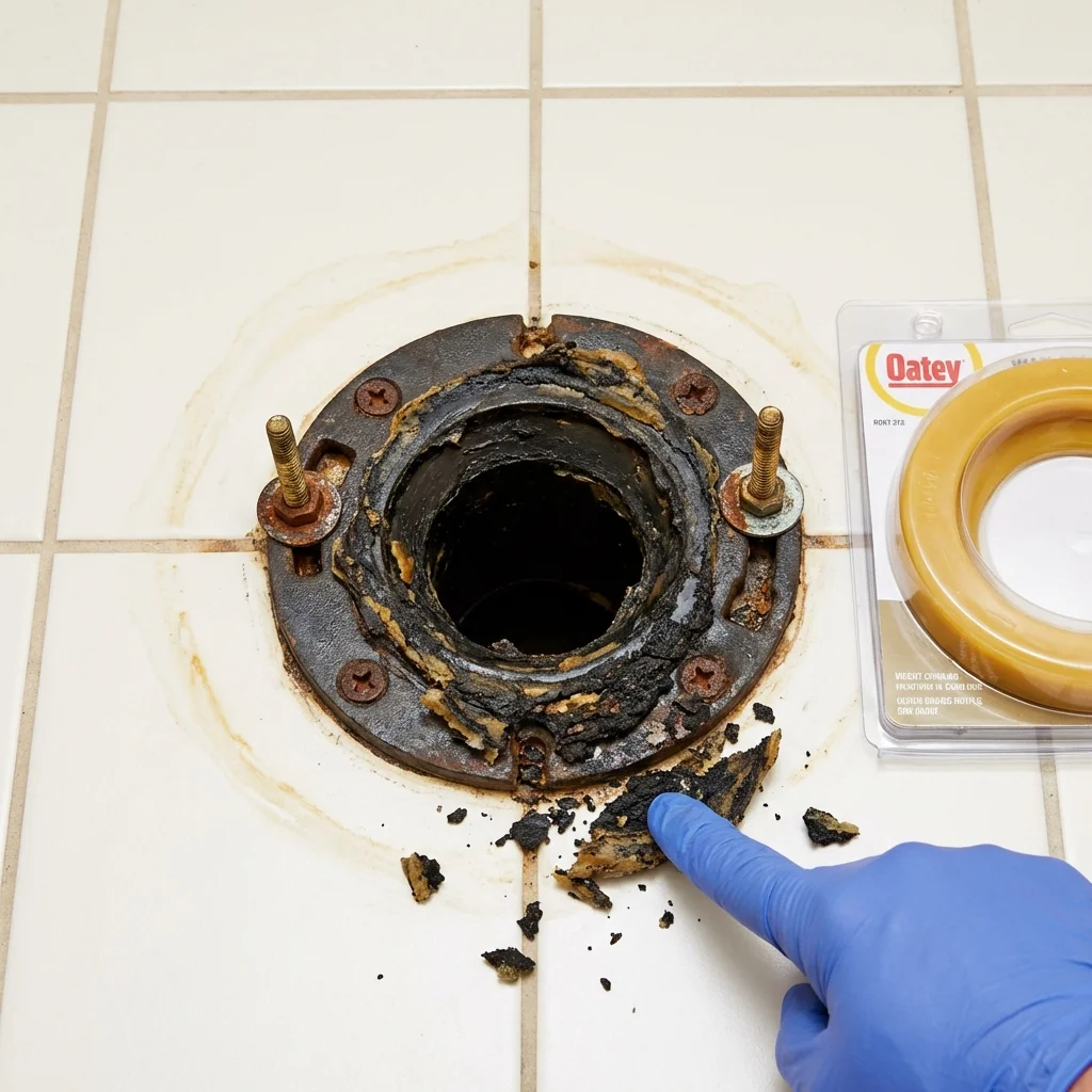 Failed wax ring showing water seepage at the base of a toilet in a Pocahontas, AR home