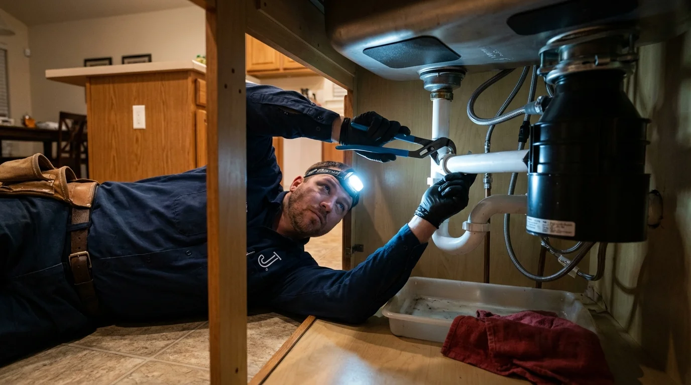 P-trap and supply line connections under a kitchen sink showing a common leak point in Pocahontas, AR